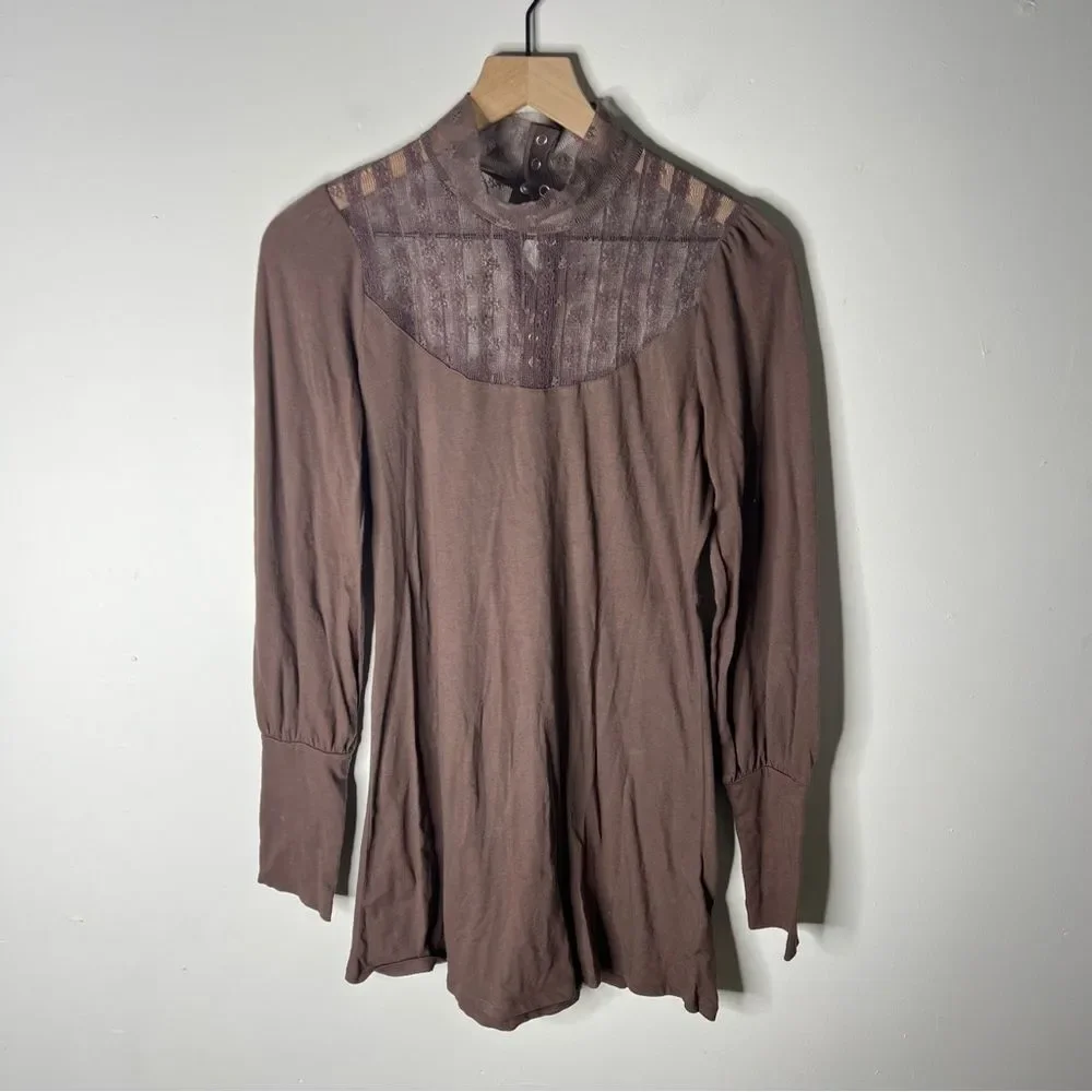 Free People Lightweight Cocoa Brown Lace Mock Turtleneck Mini Dress Medium Fairy